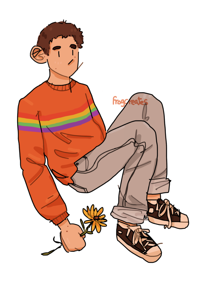 A digitally illustrated self portrait. In it, the artist is floating in a loose fetal position. They have light skin, a brown buzz cut, and thick eyebrows. They are wearing an orange sweater with a rainbow stripe across the chest, gray jeans, and converse. They are also holding a black-eyed susan flower. The background is white.