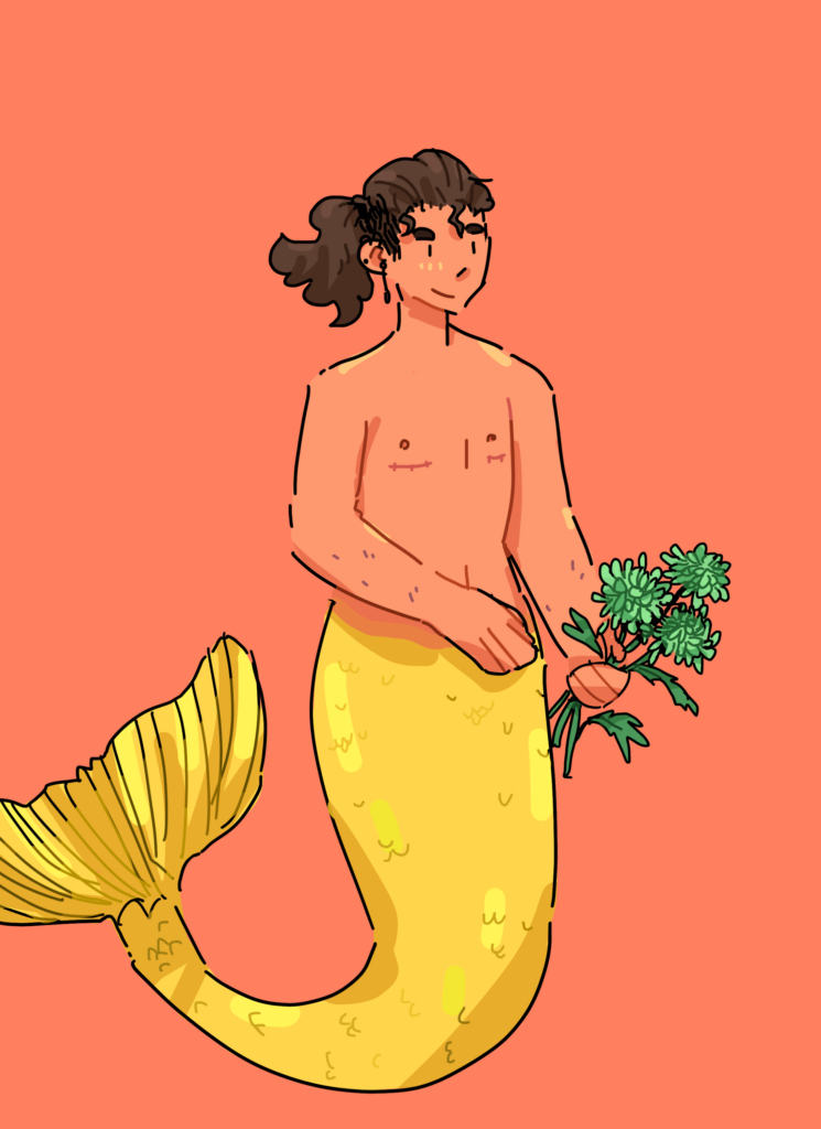 A digitally illustrated self portrait. In it, the artist is portrayed as a trans masculine merperson. They are light-skinned with a yellow tail, have a brown ponytail with shaved sides, thick eyebrows, and top surgery scars. They are also carrying a bouquet of green chrysanthemums. The background is orange.