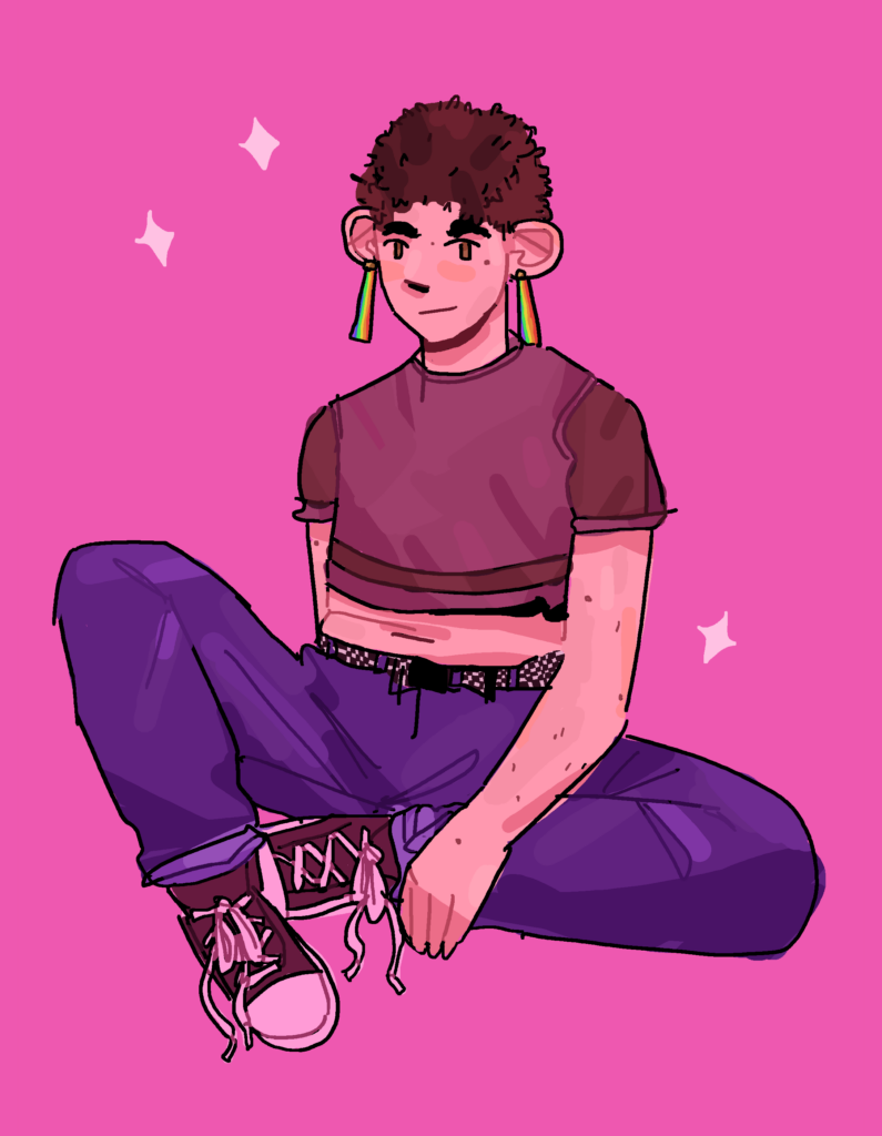 A digitally illustrated self portrait. In it, the artist is seated with their legs crossed. They are light skinned, with a brown buzz cut and thick eyebrows. They're wearing rainbow earrings, a crop top, jeans, and converse. The background is pink.