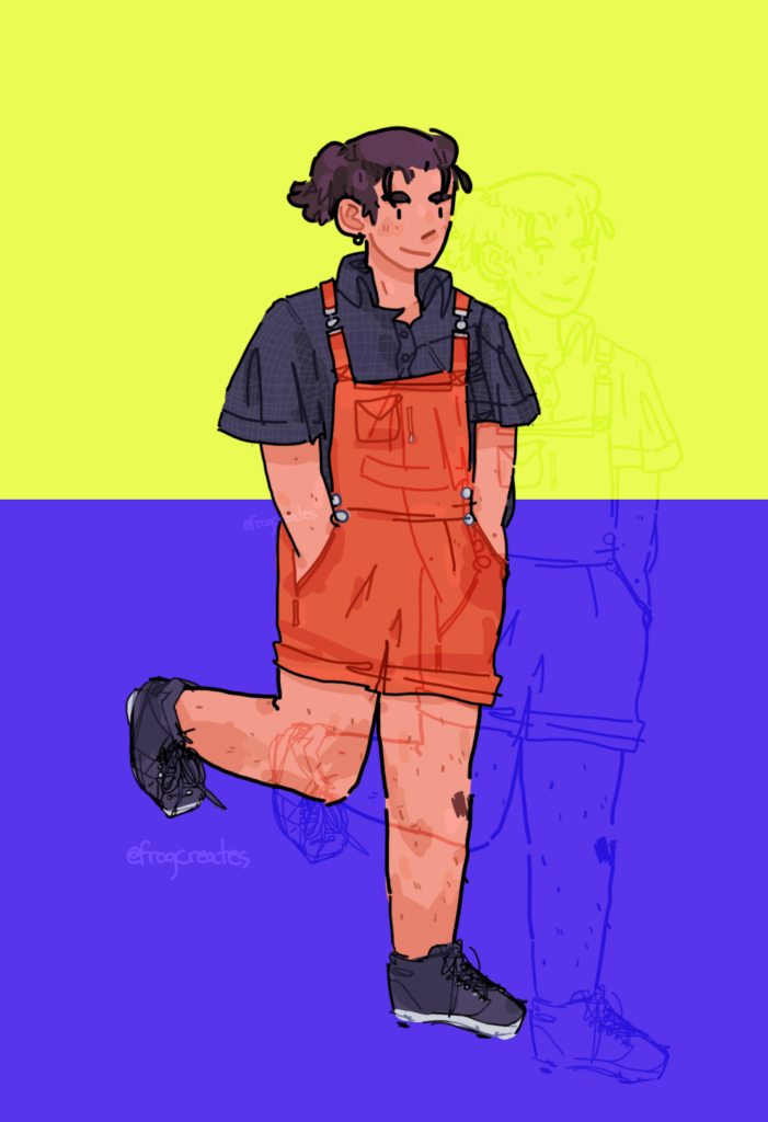 A digitally illustrated self portrait. In it, the artist is standing with their hands in their pockets and one foot off the ground. They have light skin and a brown ponytail with shaved sides. They're wearing orange overall shorts over a black shirt with a grid pattern, plus sneakers. The background is split between neon yellow and periwinkle.