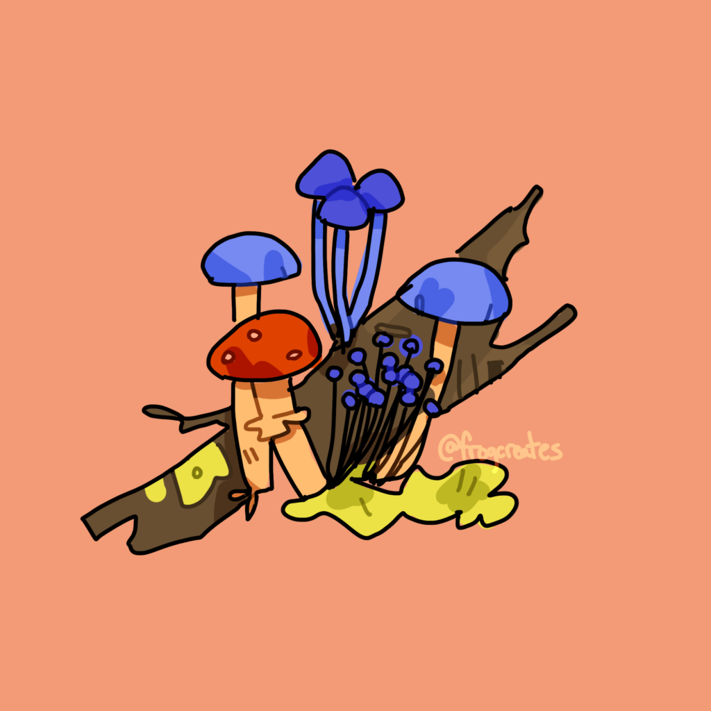 A digital illustration of a small clump of mushrooms on a stick with an orange background.