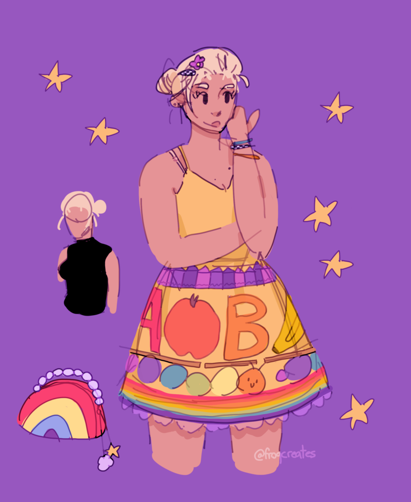 An illustration of a tan, blonde lady on a purple background. She has a brightly colored summer dress with designs of crayons, the alphabet, fruits, a caterpillar, and a rainbow. She also has a rainbow purse.