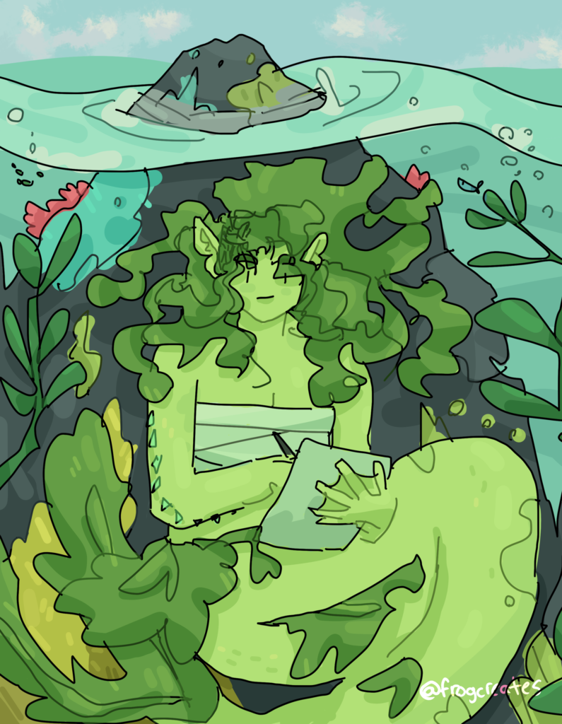 An illustration of a non-binary merperson with cryptic coloration (adapted to look like the seaweed they live around) writing underwater against a rock.