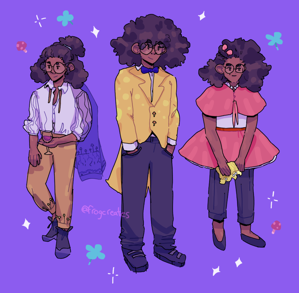 An illustration of the same person (my character Oli) in three different outfits on a purple background. They have dark brown skin, an afro, and round glasses. One outfit is a white button-up shirt, gold pants, and a translucent caplet, all with mushroom details. Another is a yellow suit with coattails and a blue bowtie. The last is a red and white dress, with a skirt shaped like the bell of a mushroom.