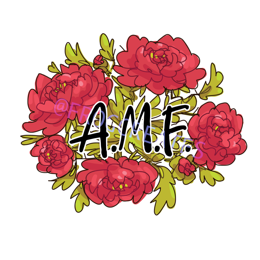 An illustration of primroses coming from one central point. In the center are the initials "A.M.F."