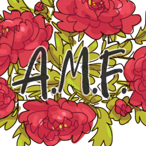 A digital drawing of some primroses, with the initials A.M.F. superimposed over it.