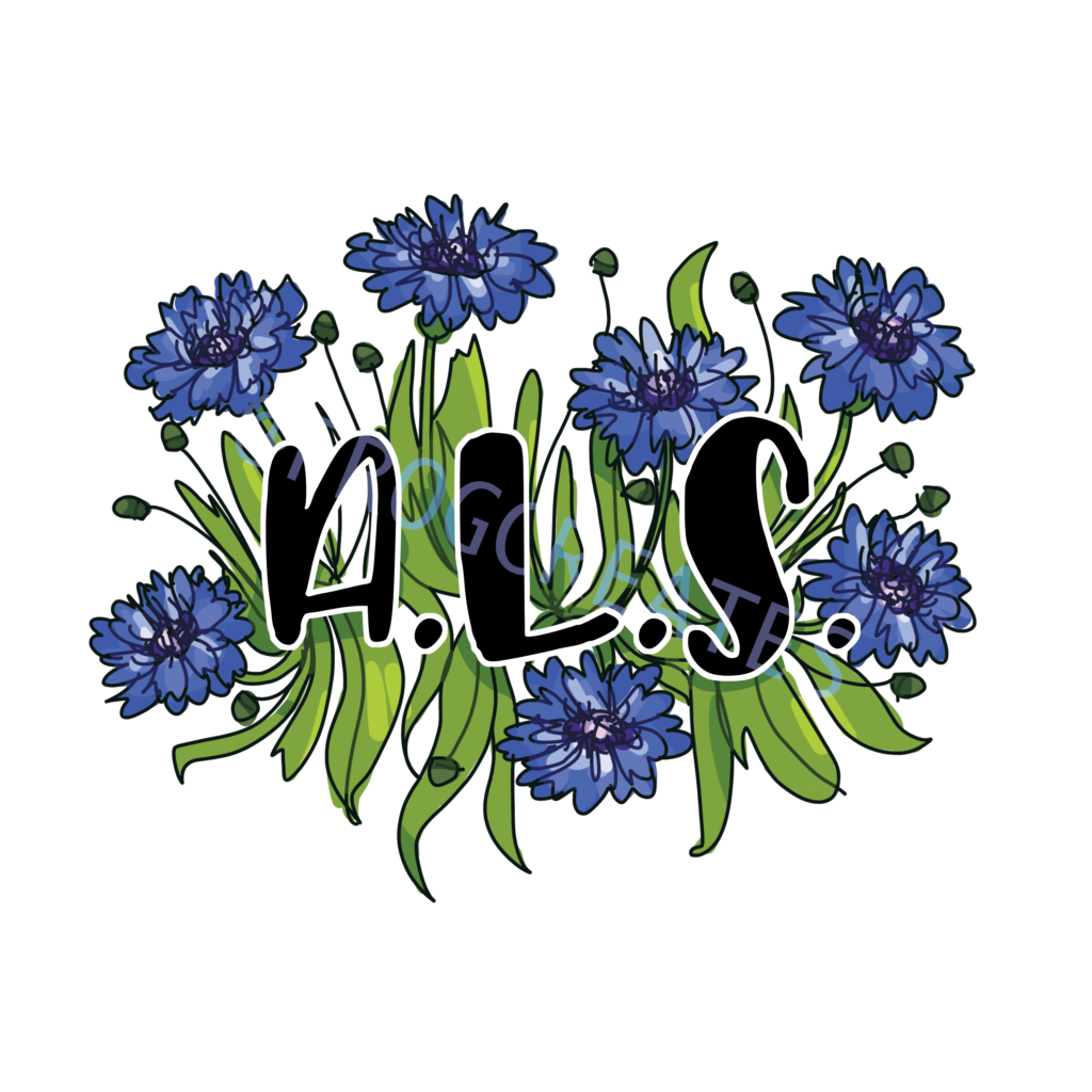 An illustration of bachelor button flowers coming from one central point. In the center are the initials "A.L.S."