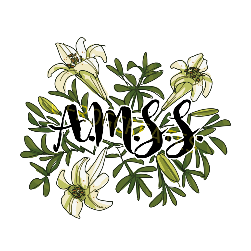 An illustration of white lilies coming from one central point. In the center are the initials "A.M.S.S."