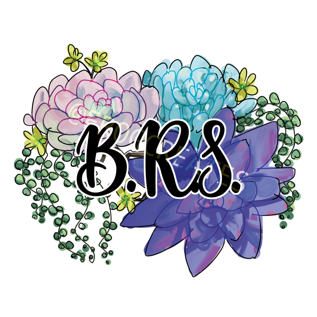 An illustration of several types of succulents coming from one central point. In the center are the initials "B.R.S."