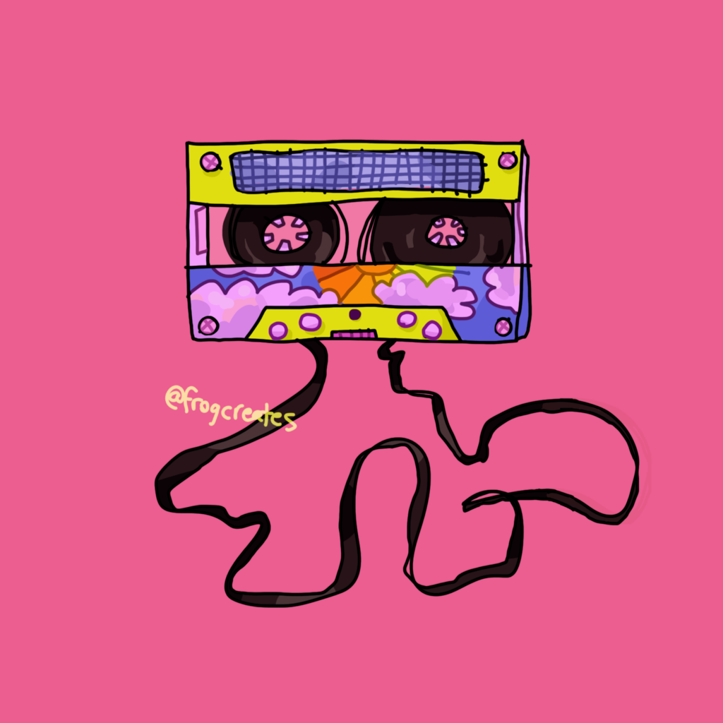 An illustration of a cassette tape in bright, funky colors with its tape unspooling. It's on a pink background.