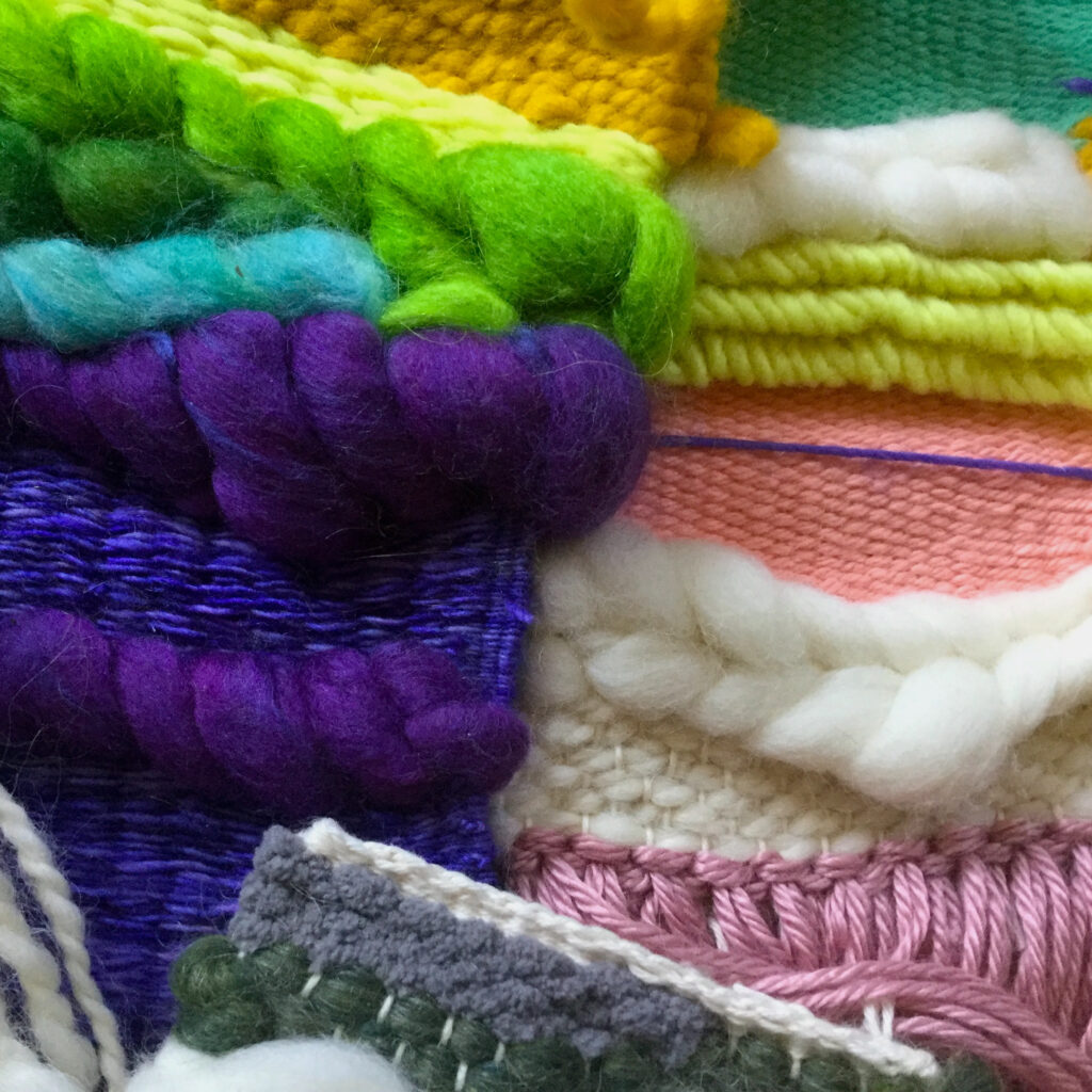 A closeup of the various woven textures in three of my tapestries.