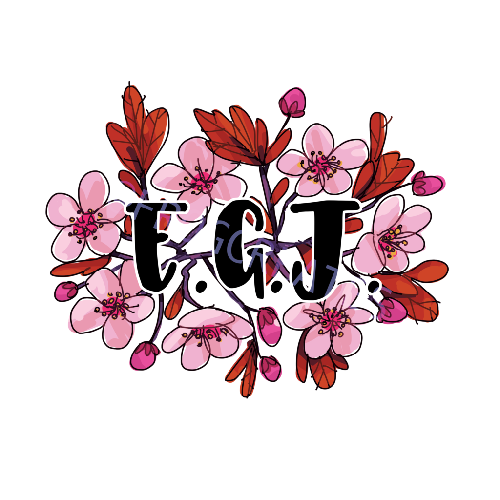 An illustration of cherry blossoms coming from one central point. In the center are the initials "E.G.J."