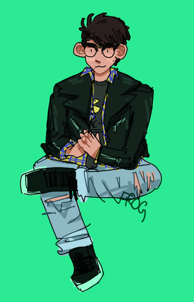 A loose digitally illustrated self portrait. In it, the artist is seated with their legs crossed. They are light skinned, with short brown fluffy hair. They are smiling in a catlike way, and have large horn-rimmed glasses. They are wearing a leather jacket over a PAC-MAN t-shirt, ripped jeans, and black shoes. The background is mint green.