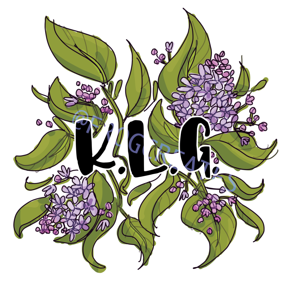 An illustration of lilacs coming from one central point. In the center are the initials "K.L.G."