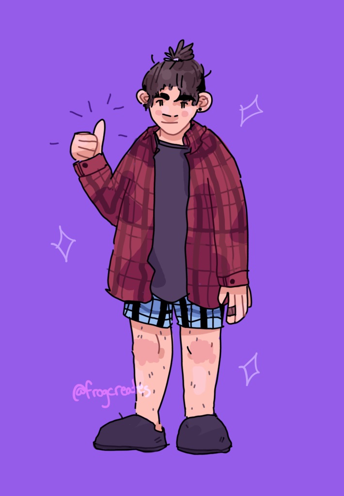 A digitally illustrated self portrait. In it, the artist is standing and making the thumbs up motion. They are light skinned, with a small brown ponytail and thick eyebrows. They're wearing a very comfy-looking outfit comprised of a gray t-shirt, a red flannel, boxers, and slippers. The background is purple.