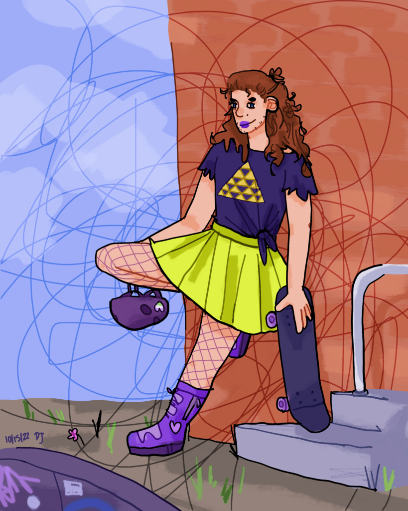 An illustration of a genderqueer person leaning against a brick wall near a skateboard bowl. They are light-skinned with shoulder length brown hair, and have a tee with a triangle design and an electric green skirt. They also have fishnets and purple boots, and are holding a skateboard and helmet.