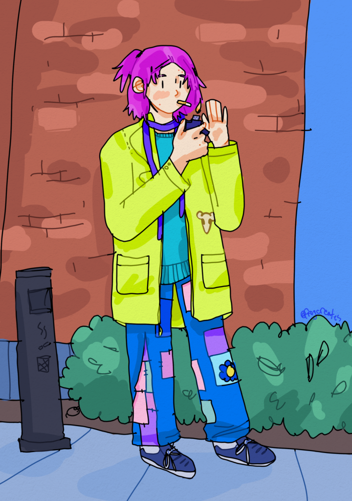 An illustration of my character Alex standing on a sidewalk, smoking. She is light-skinned, has chin length pink hair, patchwork jeans, and a bright green coat with a mouse shaped patch on it.