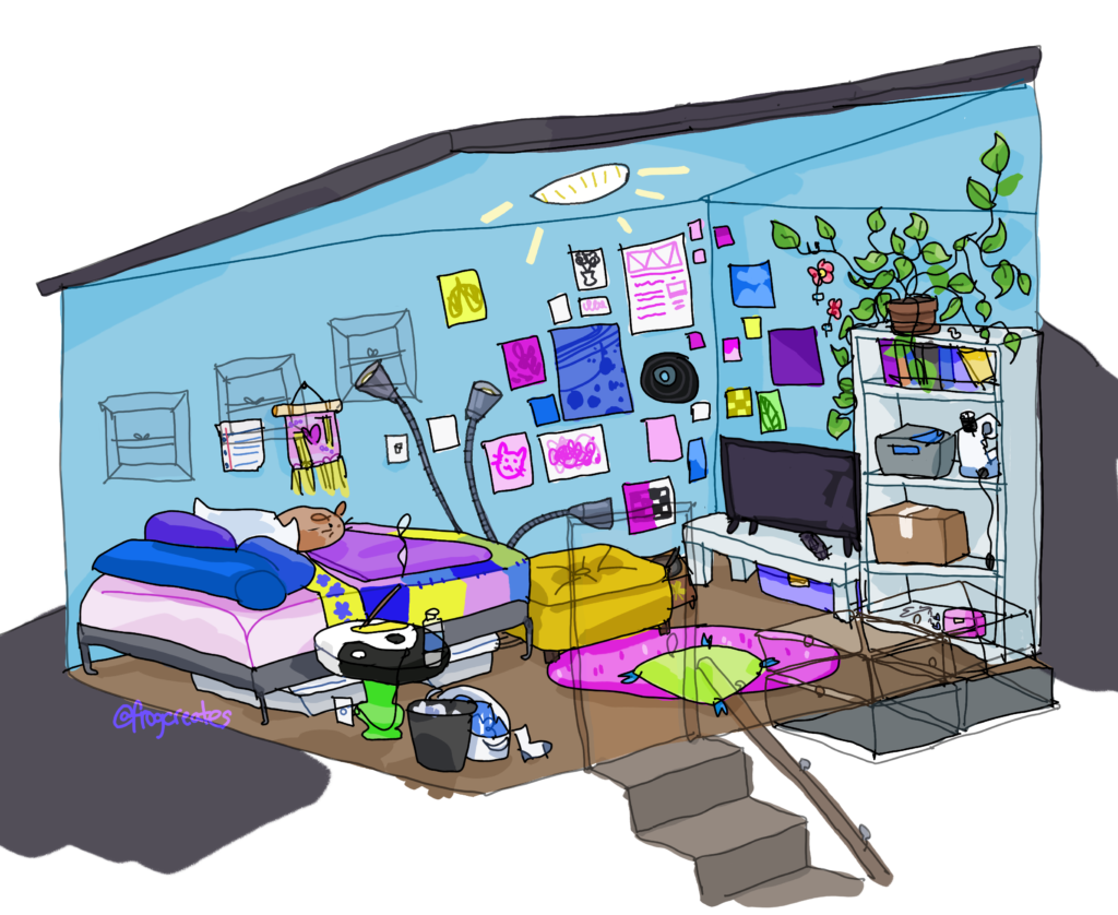 A digital illustration of a bedroom belonging to my original character, Alex. The ceiling slants up, since it's an attic room. The walls are bright blue, and everything in the room is colorful. Posters, records, and weavings cover the walls, as well as the vines of a pothos plant sprawled on top of a tall bookshelf. The bed is a pink mattress on a simple frame, with a patchwork quilt and lots of pillows. Other notable items include a yin-yang painted nightstand with incense burning, a messy hamper, a pink fuzzy rug with floor cushions, and a record player.