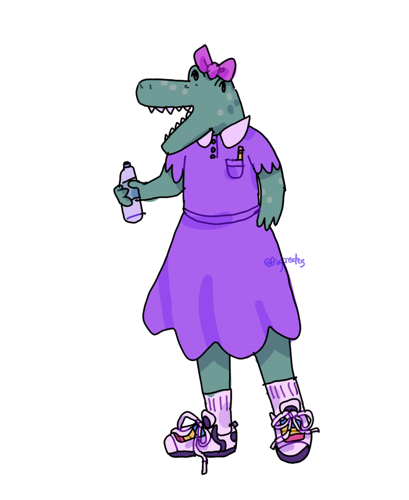 An illustration of a crocodile girl in a purple dress, with a bowtie and sneakers. She's holding a water bottle.