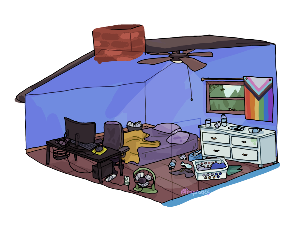 A digital illustration of a bedroom belonging to my original character, James. The walls are dark periwinkle, and the floor is wood. The ceiling slants, since it's an attic room. There is an unmade bed on the floor with no bed frame. A progress pride flag hangs next to a window, and on the opposite wall sits a gaming setup with a computer, desk, and chair. The room is messy.
