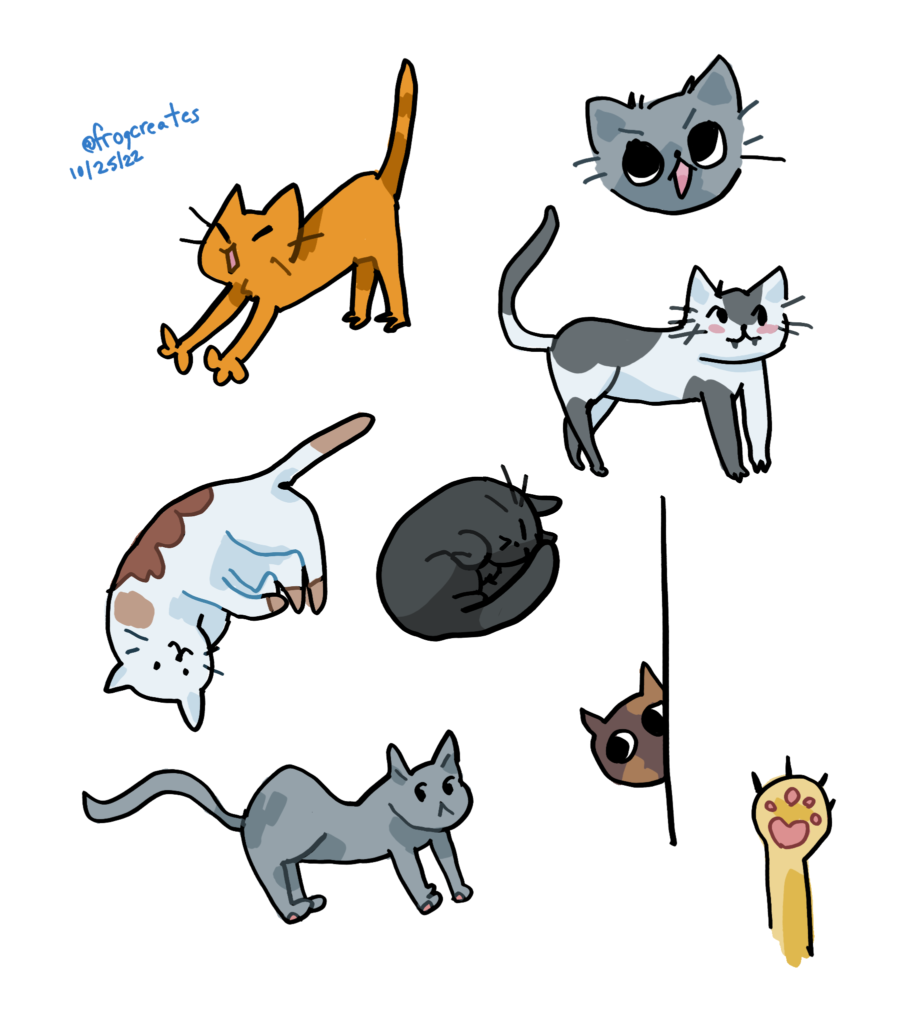 A digital doodle of several cats. Some are curled up, some are stretching, some are just standing, and one is peeking out from around a corner.