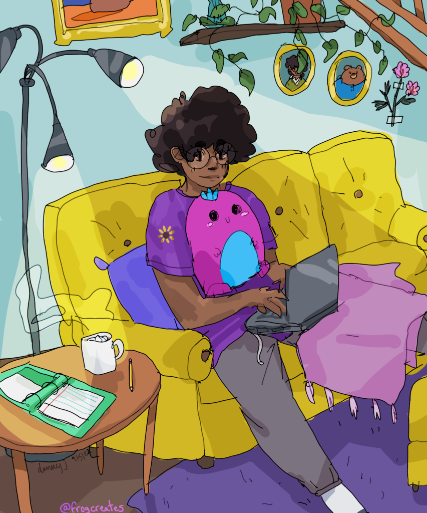 An illustration of my character Oli studying on the couch with their laptop and a stuffed animal. They have dark brown skin, an afro, and round glasses. They are very cozy.