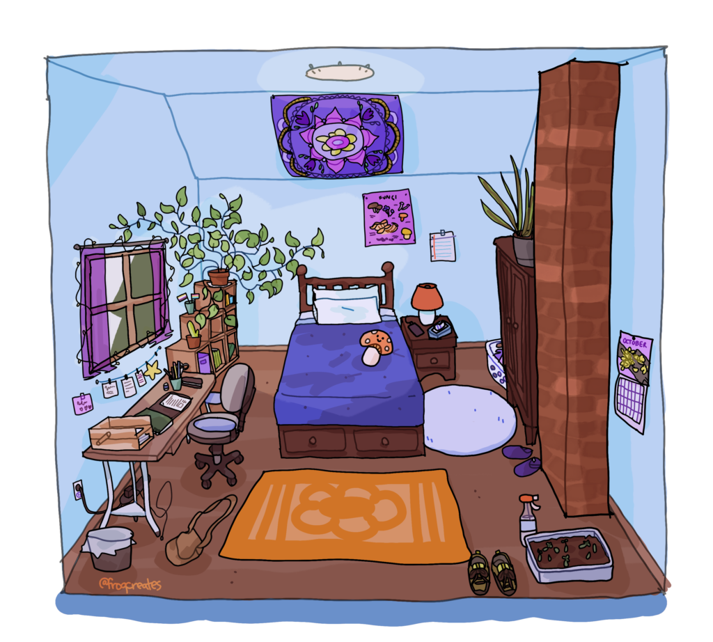 A digital illustration of a bedroom belonging to my original character, Oli. The walls are light blue, and the floor is wood. On one side, a chimney runs from floor to ceiling. There is a neat but item-laden desk on the left side, underneath a window, with a gray swivel chair. There is a wooden bed with a navy bedspread and a small mushroom plushie on top. On the ceiling above it is a large mandala wall hanging. There are lots of plants—some on a bookshelf, one on a wardrobe, and some germinating in a tub of dirt. There are two rugs, one orange and one white.