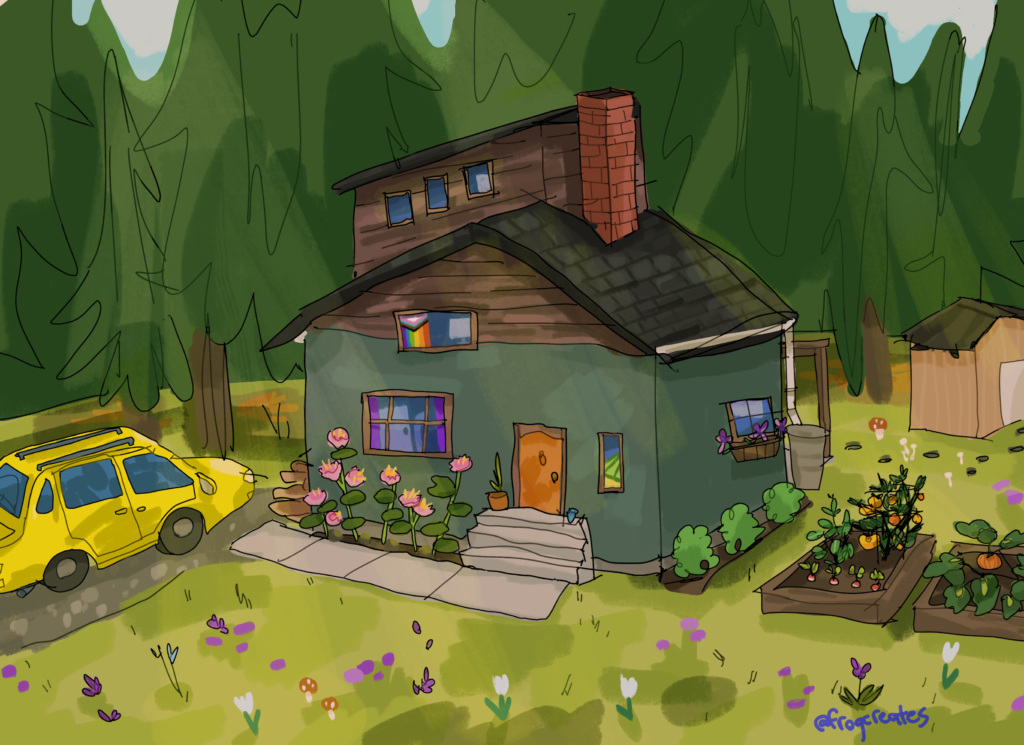 A digital illustration of the house my original characters Oli, Alex, and James live in. It contains the bedrooms from the previous three drawings. It sits in a forest clearing with a yellow car and a garden. The house is mostly painted dark green, with wood paneling near the top. There are flowers, both landscaped and wild.