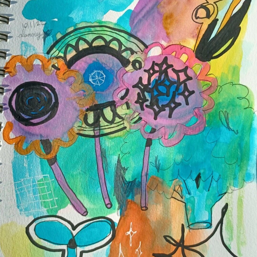 A snippet of a mixed-media watercolor painting. There are three fantastical flowers and a piece of broccoli visible.