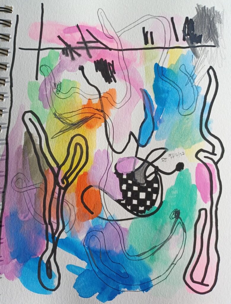 An abstract watercolor, pencil, and paint marker doodle page.