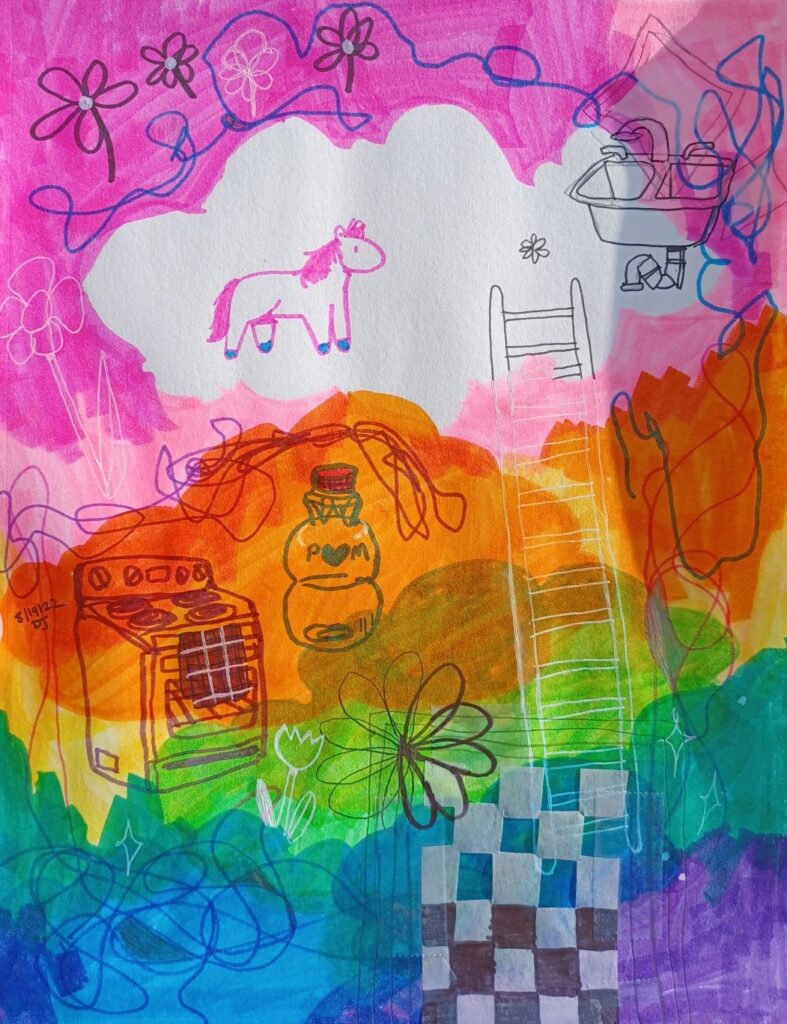 A pen and marker sketchbook drawing with many elements. The page is washed with rainbow, except for a cloud with a pink horse. A ladder leads down from the cloud, past a sink, a pomegranate juice bottle, a stove, and a flower.