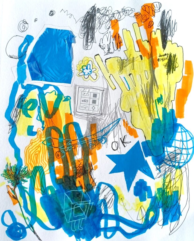 A doodle page in blue, yellow, and orange marker, with graphic pencil and some collage elements. There is a piece of transparent blue plastic from my new car, and a sticker from my new shoes.