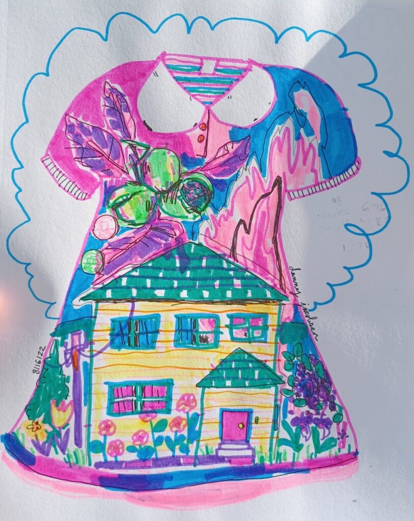 A marker drawing in a sketchbook of a burning house superimposed on a church dress for a young child.