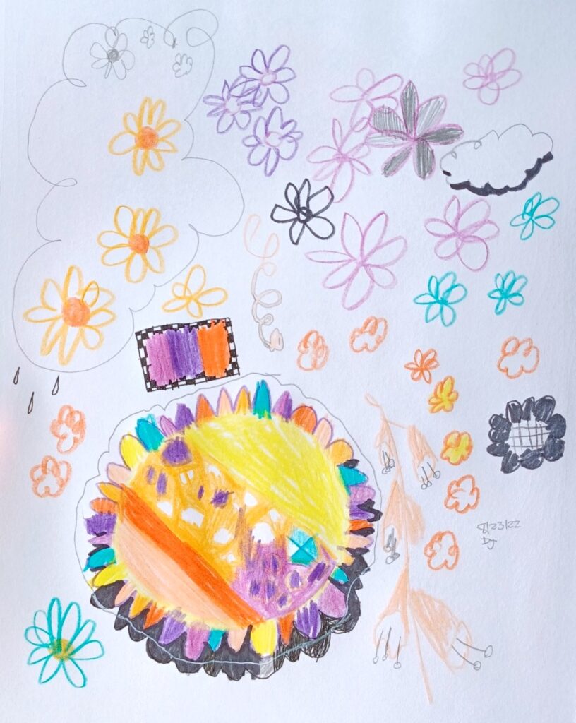 A graphite and colored pencil drawing in a sketchbook, with many small flowers and one big one, in orange, yellow, teal, and purple.