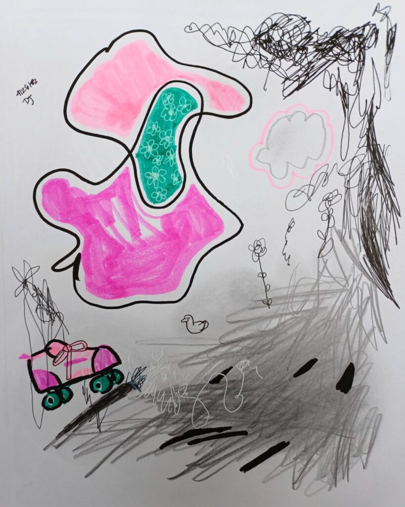 A mixed media sketchbook page with an abstract pink and green blob, a roller skate, and some smudged pencil scribbles.