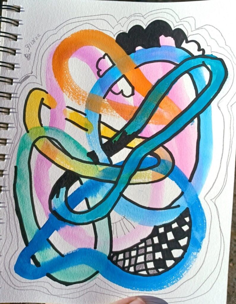 A tangle of thin watercolor noodle shapes, with checkerboard drawn between some of them.