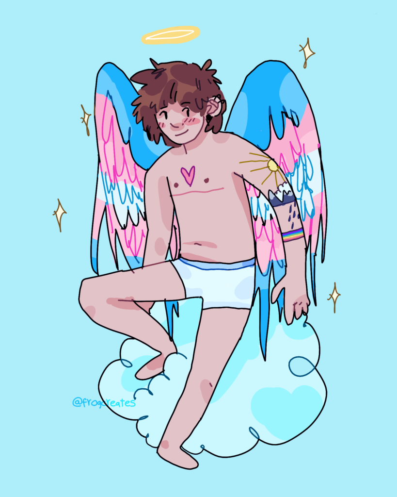 An illustration of a trans masculine angel with wings colored like the transgender flag. He is light-skinned, with choppy brown hair. He is in boxers and has a top surgery scar, a heart tattoo on his chest, and a tattoo around his forearm with a rainbow, rain, mountains, and sun.