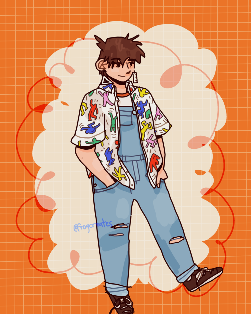 A digitally illustrated self portrait. In it, the artist is walking with their hand in their pockets. They are light skinned, with short brown cowlicked hair and thick eyebrows. They're wearing denim overalls and a Keith Haring patterned button up with sneakers. The background is orange, with a grid and cloud decorating it.