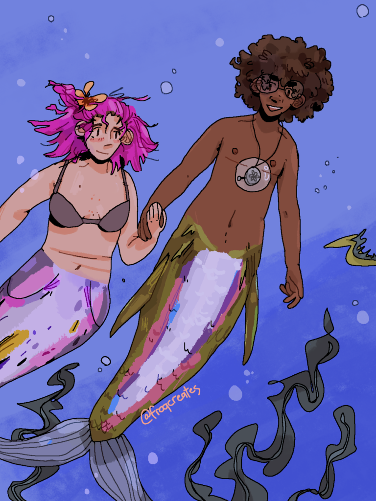 An illustration of two of my characters as merpeople swimming underwater. Alex has a silver, pink, and purple tail, and Oli has a green and pink tail with a silver stripe underneath. Alex has a grey bra and a flower in her hair. Oli has a top surgery scar and a pocket watch around their neck.