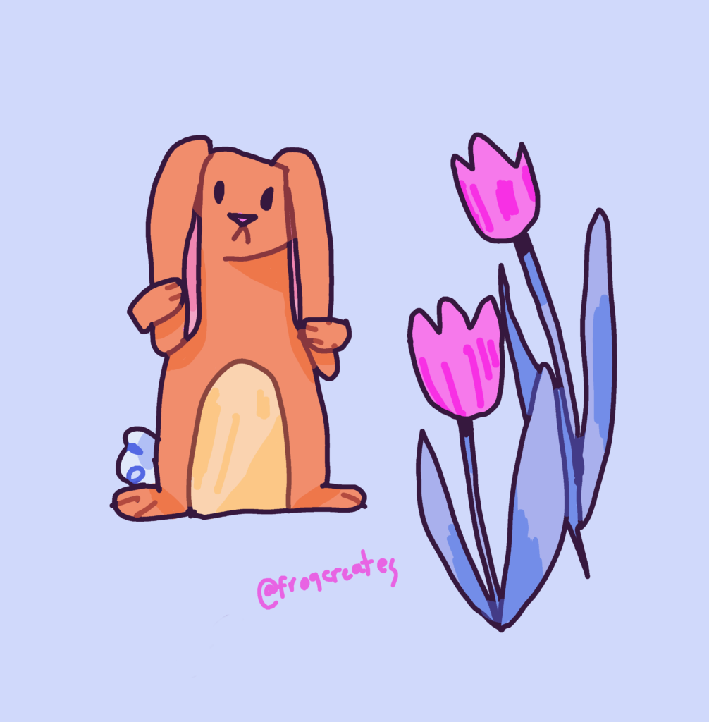 A digital doodle of an orange bunny and some tulip flowers. The bunny is standing up and holding onto its long ears. The flowers are bright pink and have blue foliage. They are on a light blue background.