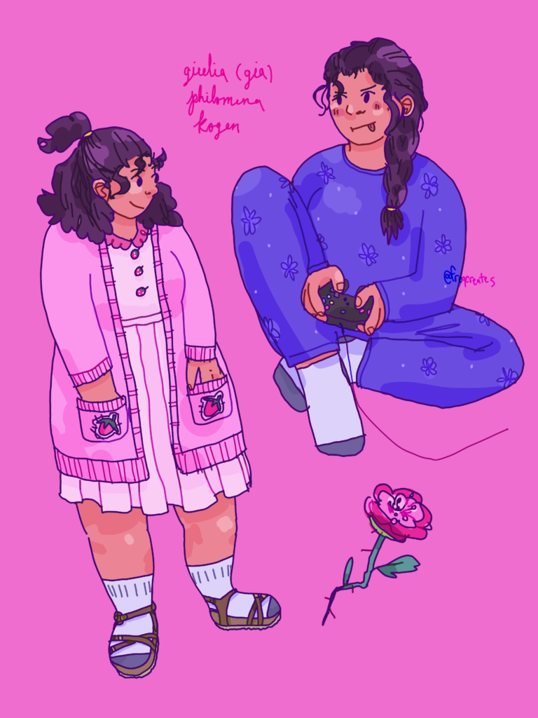 An illustration of my character Gia, in two different outfits. She has medium-brown skin and dark curly hair. One outfit is a pink pleated dress with a pink, strawberry-adorned cardigan and socks with sandals. The other one is long blue pajamas with socks. She's also holding a video game controller. There is a primrose as well.