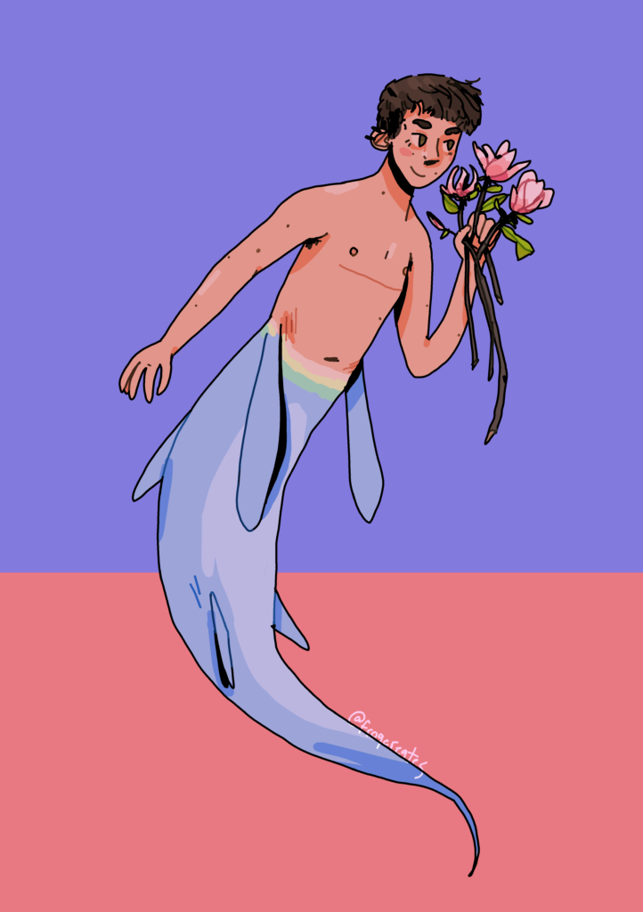 A digitally illustrated self portrait. In it, the artist is portrayed as a trans masculine merperson. They are light-skinned with a blue shark tail, and have short brown hair, thick eyebrows, and top surgery scars. They are also carrying a bouquet of magnolias. The background is split between blue and dark pink.