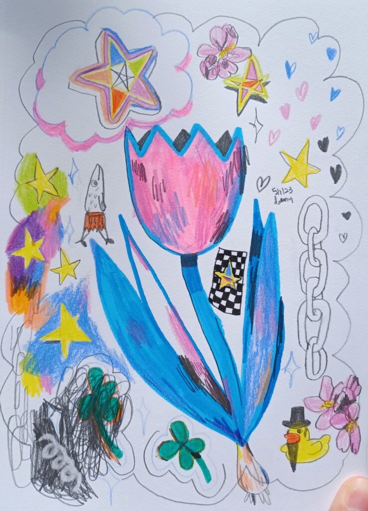 A mixed media sketch page with a large tulip, stars, a chain, a fish in a skirt and heels, and a rubber duck in an Abraham Lincoln costume.