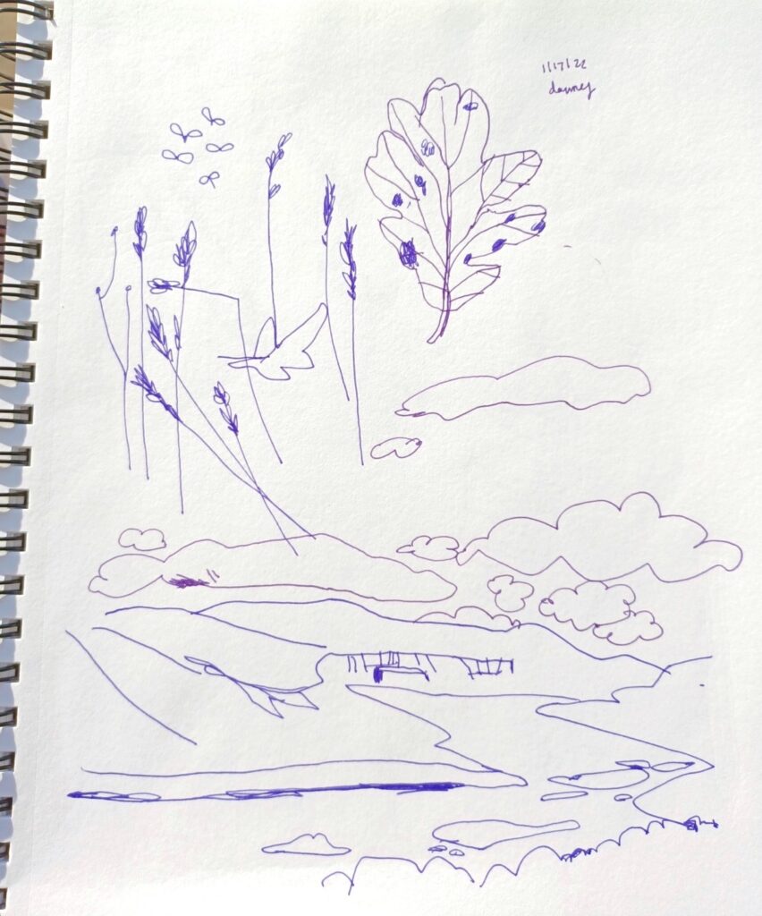 Sketchbook drawings in purple pen of hills, clouds, grass, and an oak leaf.