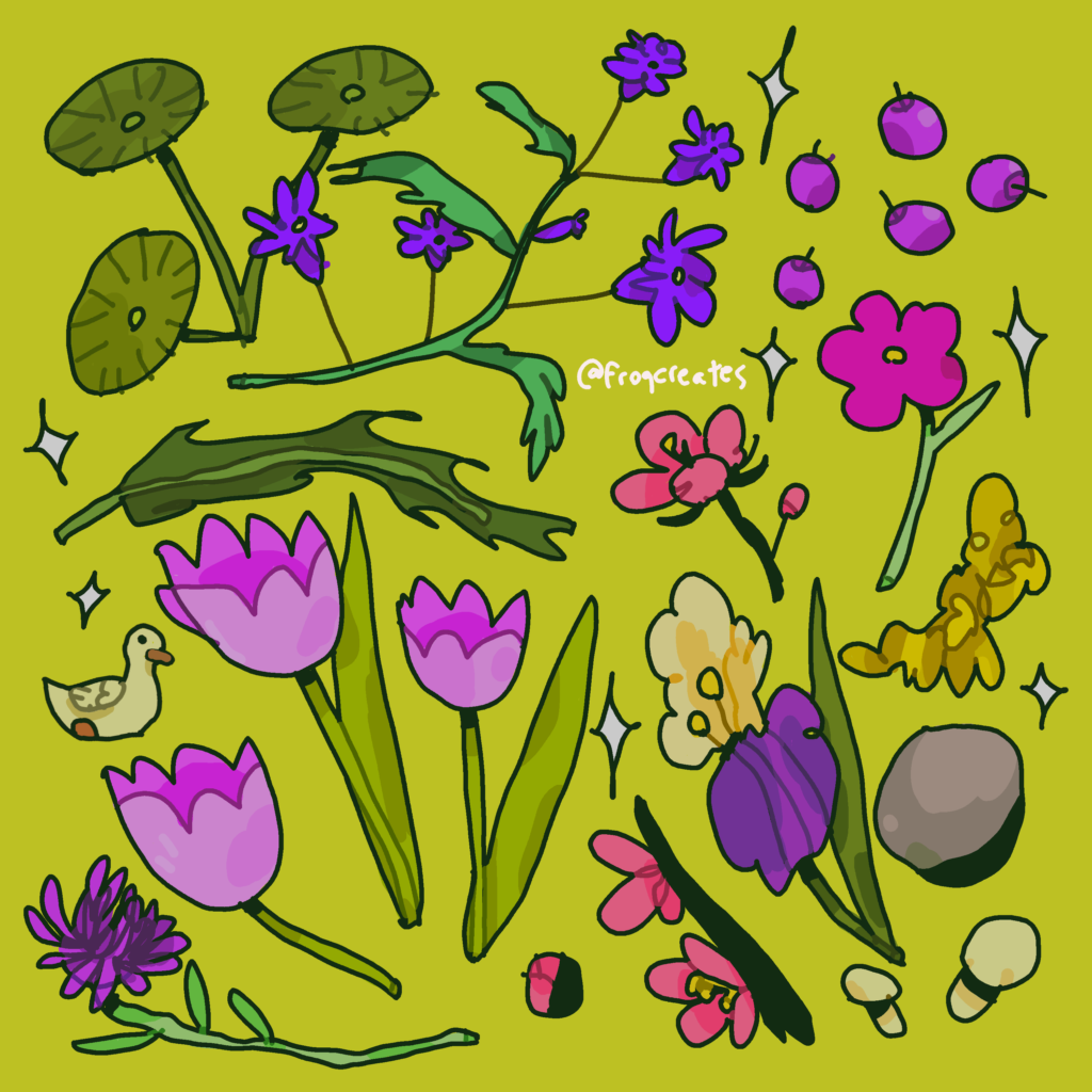 a digital drawing of various sprigs of flowers and plants (including cherry blossoms, tulips, an iris, and a chrysanthemum), a little ducky figurine, some yellow lichen, a round rock, 2 mushrooms, and some purple berries on a bright green background.
