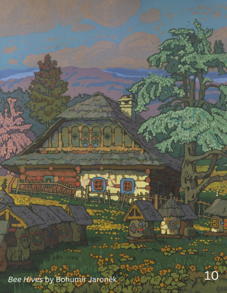 A painting of a colorful cottage in a field with beehives, flowers, and trees called Bee Hives by Bohumír Jaroněk.
