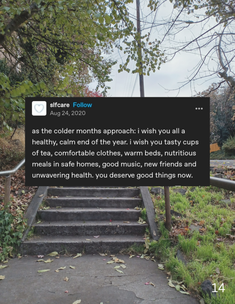 a screenshot of a tumblr post by slfcare from august 24, 2020 over a photo of a sidewalk staircase. the post reads:

as the colder months approach: i wish you all a healthy, calm end of the year. i with you tasty cups of tea, comfortable clothes, warm beds, nutritious meals in safe homes, good music, new friends and unwavering health. you deserve good things now.