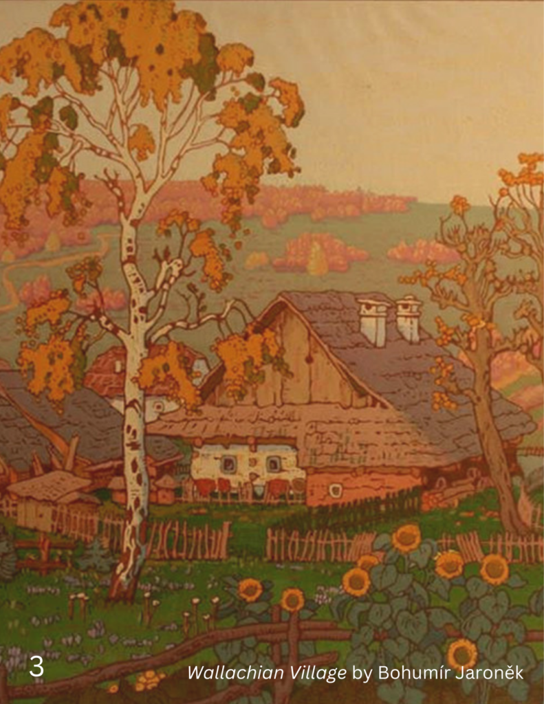 A painting of houses in a field at sunset called Wallachian Village by Bohumír Jaroněk. It's warm-hued and cozy, with sunflowers and a birch tree.
