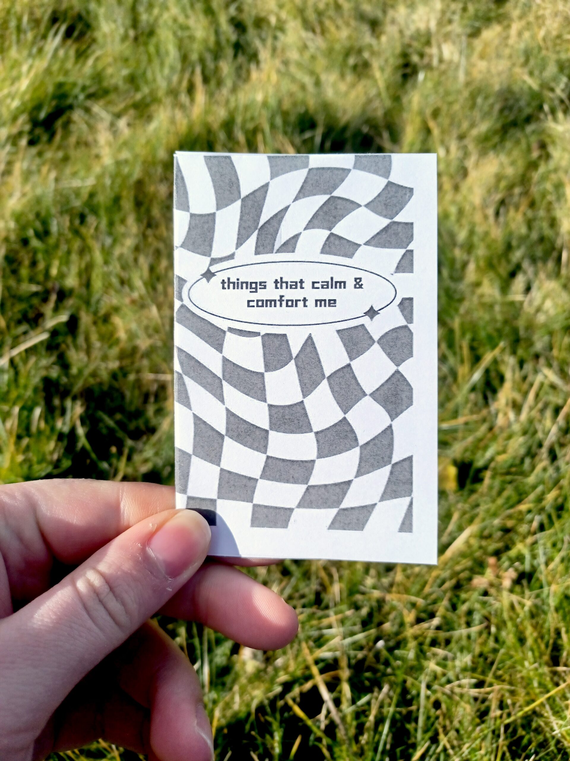 My hand holding a minizine with the title "things that calm & comfort me" in front of a grassy background.