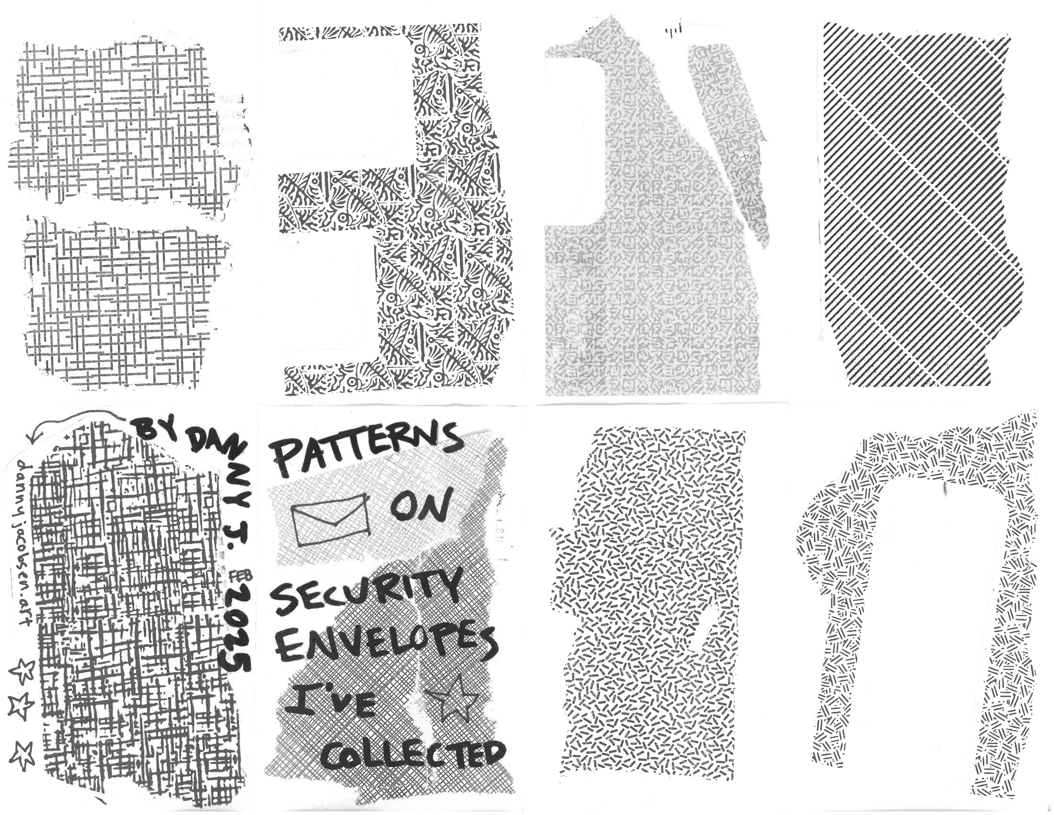 A printable 8 page minizine of different patterns from the inside of security envelopes.